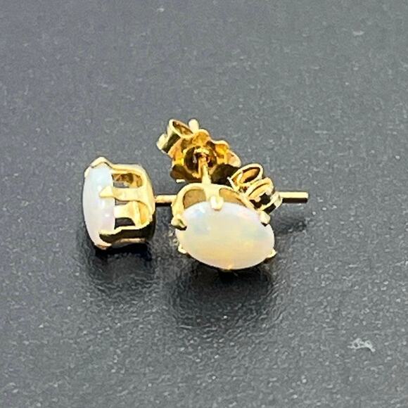 Designer Yellow Gold 6 Prong Oval Opal Solitaire Cabochon Radiant Stud Earrings - Picture 1 of 11